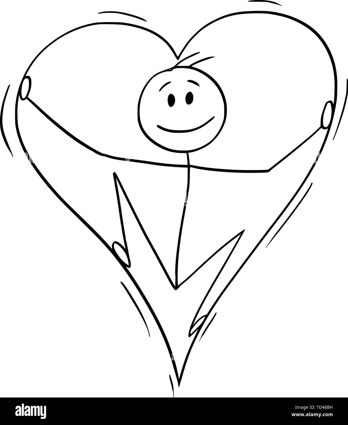 Vector cartoon stick figura disegno illustrazione concettuale dell'uomo nell'amore all'interno di un grande cuore. Illustrazione Vettoriale