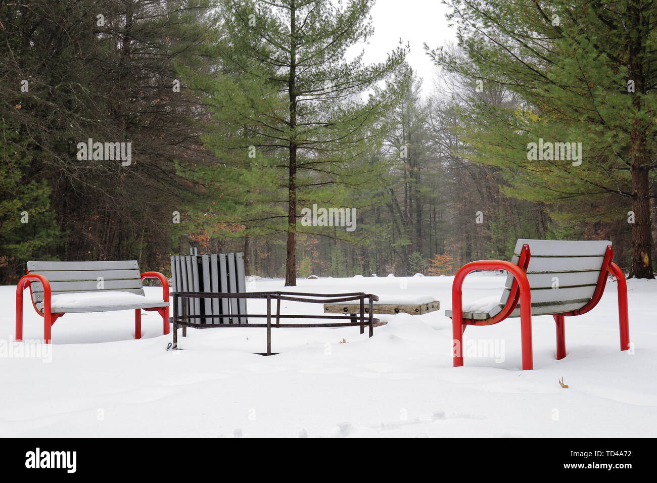 Una buca per il fuoco in un parco in un giorno di neve con n. di persone che occupano la sua panche Foto Stock