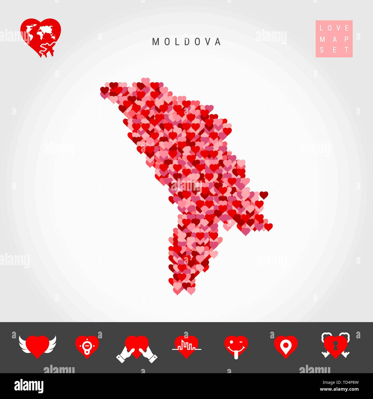 Io amo la Moldavia. Rosso e Cuori rosa Pattern mappa vettoriale della Moldavia isolato su sfondo grigio. Amore Icon Set. Illustrazione Vettoriale