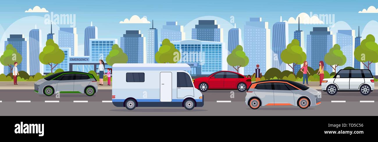 Inceppamento di traffico con auto e caravan camion con rimorchio di guida su strada della città moderna cityscape sfondo piatto banner orizzontale Illustrazione Vettoriale