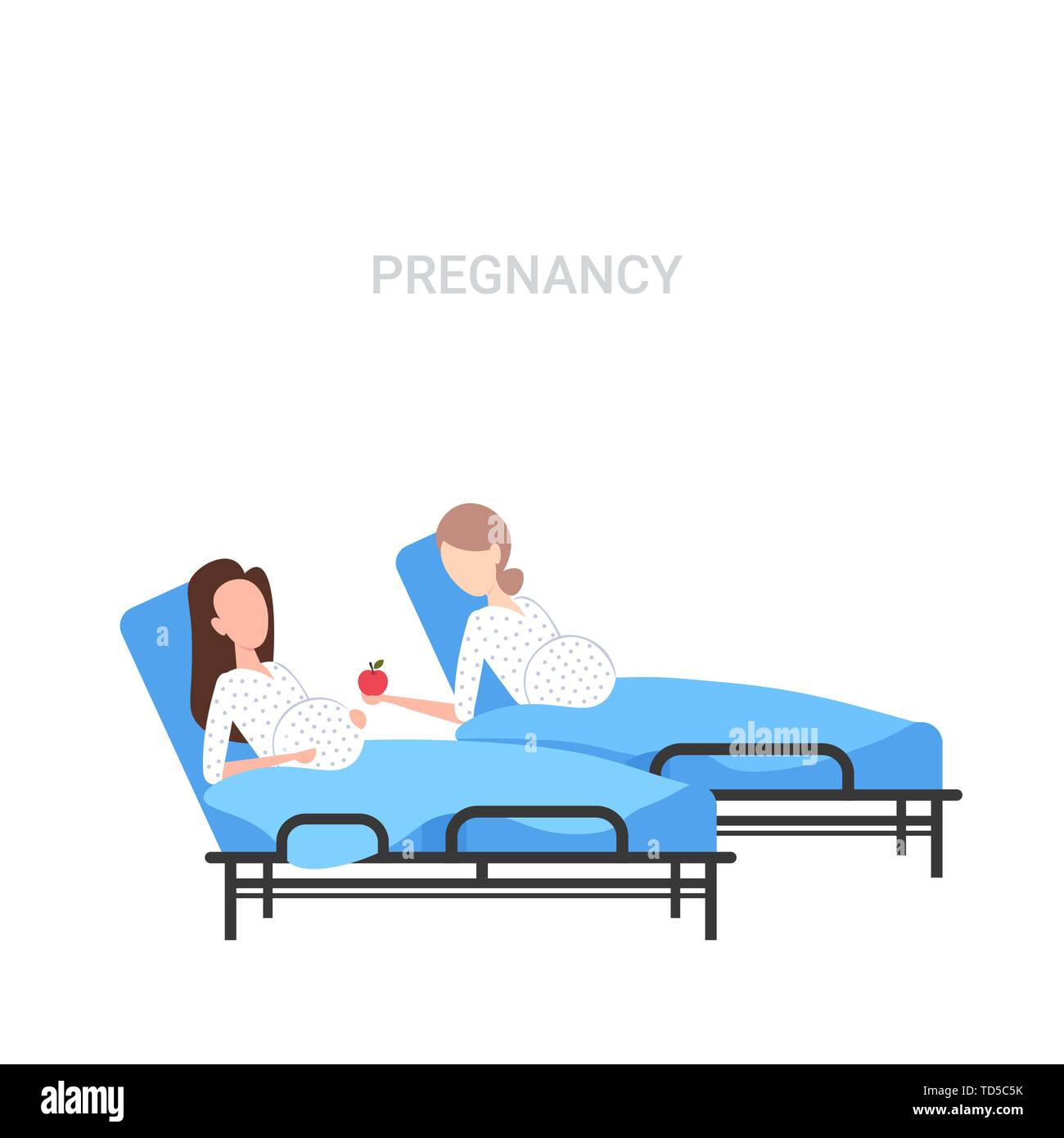 Ragazza con baby bump dando ad Apple di donna incinta che giace nel letto di ospedale gravidanza concetto flat a lunghezza piena sfondo bianco Illustrazione Vettoriale