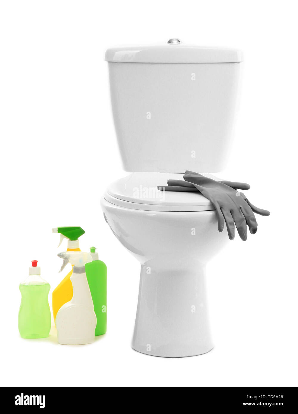 Tazza igienica e di materiali per la pulizia, isolato su bianco Foto Stock