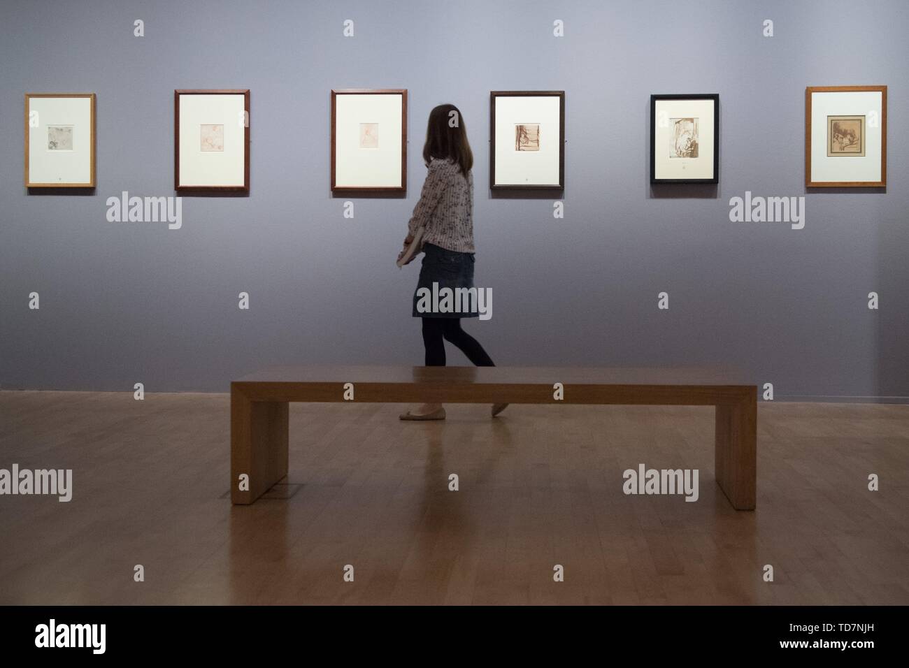 Dresden, Germania. Xiii Giugno, 2019. Una donna cammina attraverso la mostra "Rembrandt corsa dell'. Il Dresden Kupferstich-Kabinet mostra più di centocinquanta opere per contrassegnare il 350 anniversario della morte del Barocco olandese master. Credito: Sebastian Kahnert/dpa-Zentralbild/dpa/Alamy Live News Foto Stock