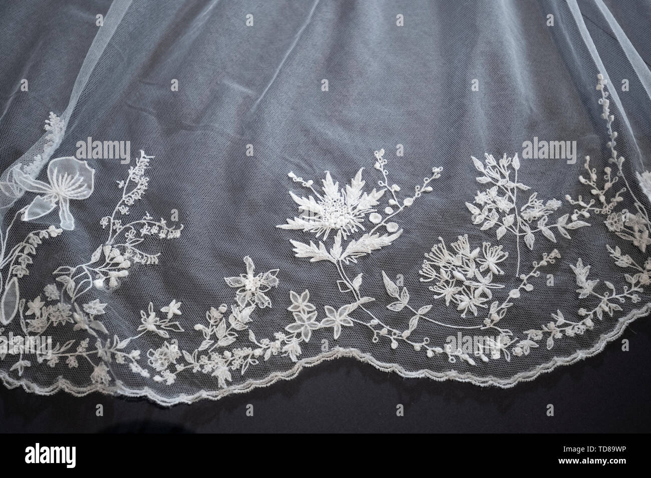 Dettaglio mostrante un scozzese thistle ricamato sulla Duchessa di Sussex il velo sul display in una speciale mostra 'un Royal Wedding: il Duca e la Duchessa di Sussex' che offre Loro Altezze Reali' abiti di nozze presso il Palazzo di Holyroodhouse, Edimburgo. La mostra sarà aperta al pubblico il Venerdì 14 Giugno, 2019. Foto Stock