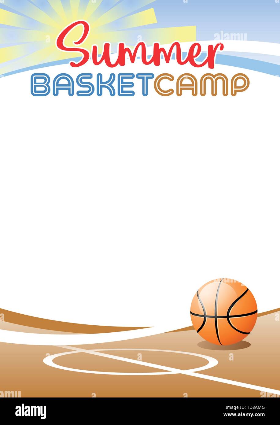 Summer Camp di basket. Poster del modello con realistica basket ball. Luogo ideale per il tuo messaggio di testo. Illustrazione Vettoriale. Illustrazione Vettoriale