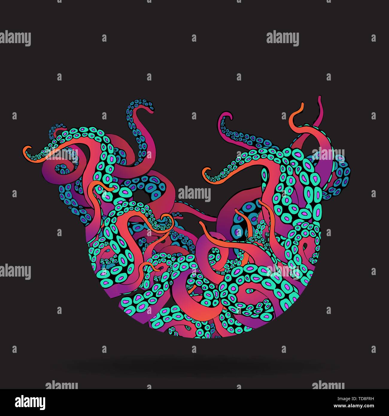 Sfondo futuristico con colorati tentacoli di un polipo frame, motivo Oceano flat Cartoon carino illustrazione per il web e la stampa, grazioso decor. Illustrazione Vettoriale