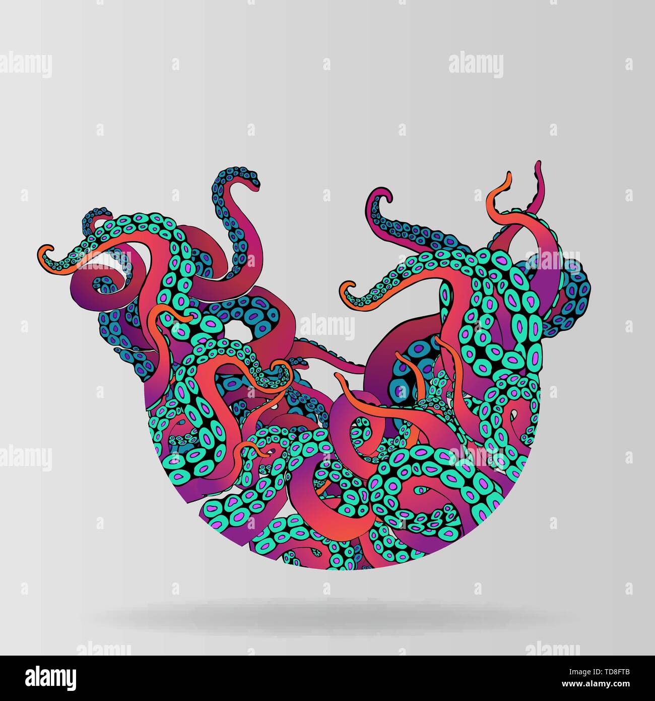 Sfondo futuristico con colorati tentacoli di un polipo frame, motivo Oceano flat Cartoon carino illustrazione per il web e la stampa, grazioso decor. Illustrazione Vettoriale