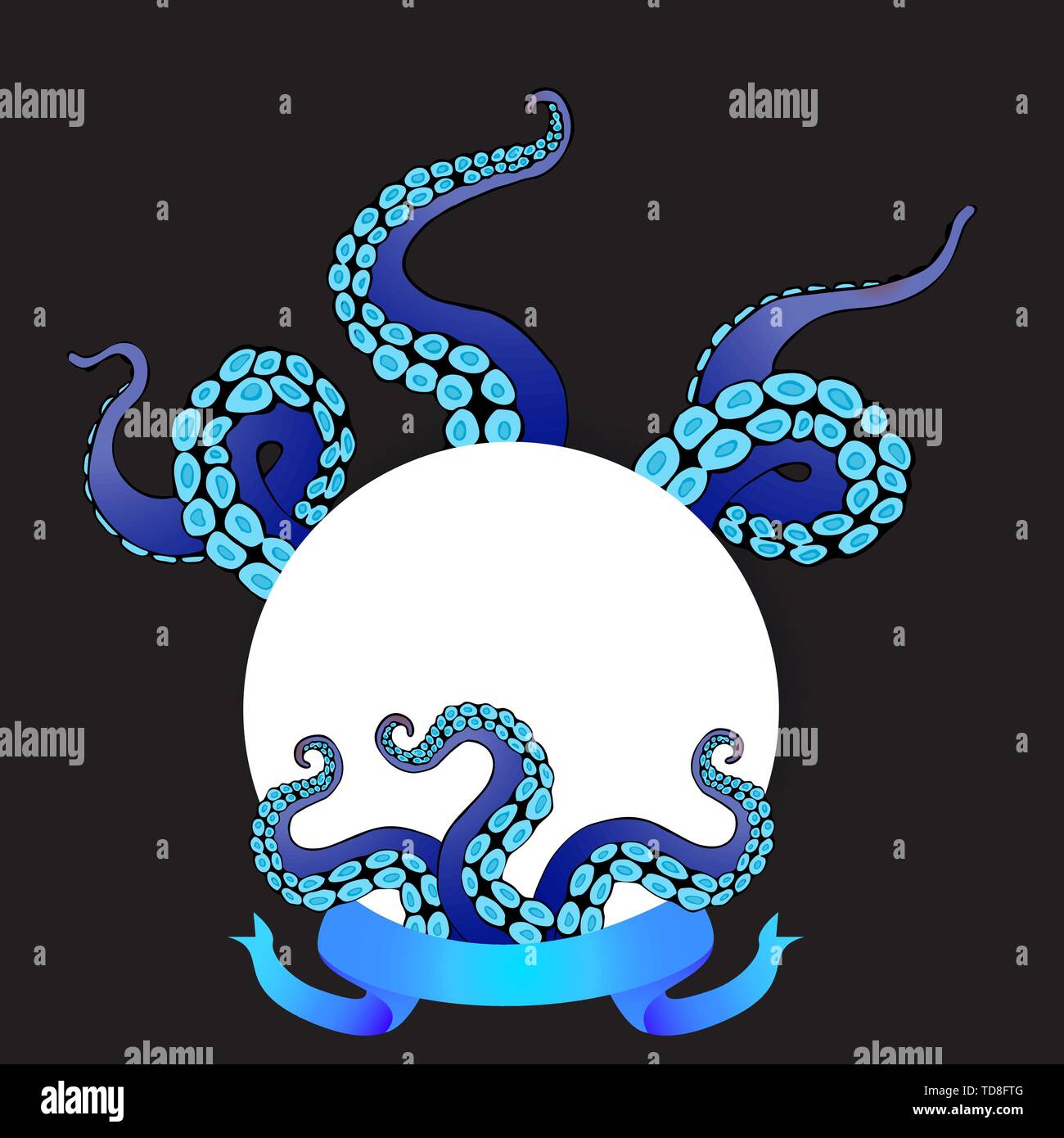Il futuristico il modello di pagina con colorati tentacoli di un polipo frame, motivo Oceano flat Cartoon carino illustrazione per il web e la stampa, grazioso decor. Illustrazione Vettoriale
