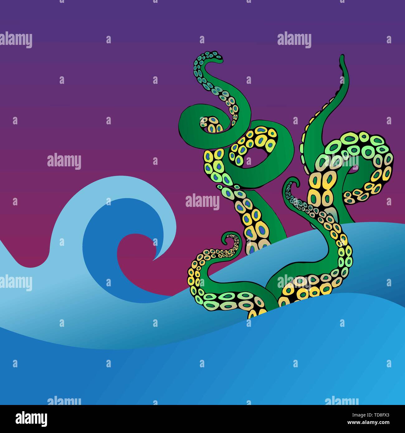 Tentacolo di polipo in onde del mare. Oceano subacquea monster Kraken. Cartone animato giapponese Calamari Seppie cartoon illustrazione vettoriale per la stampa e web decora Illustrazione Vettoriale
