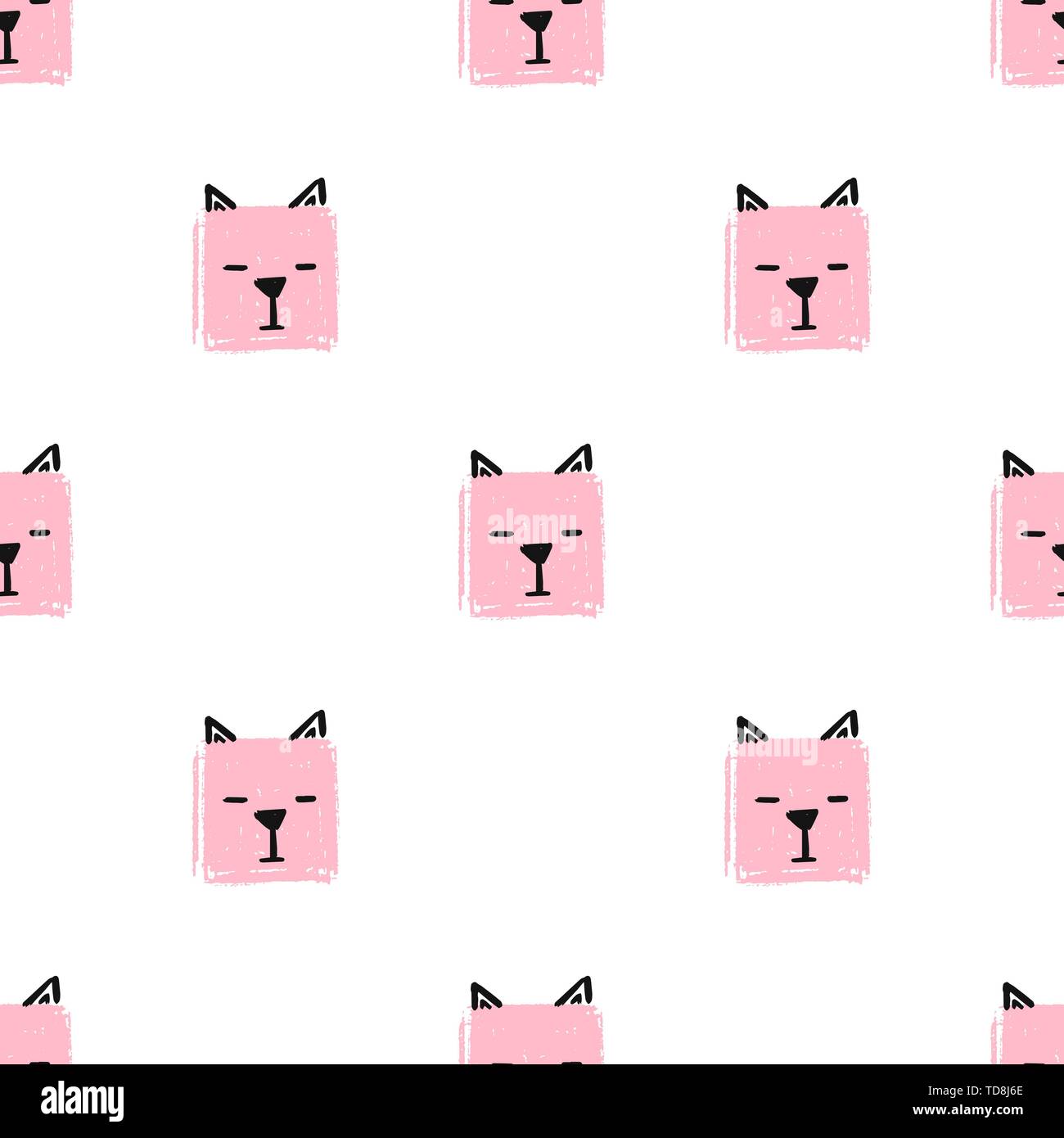 Kawaii piazze gatti Seamless pattern. Vettore di disegnare a mano sfondo con le facce dei gatti. Infinite sfondo Texture a matita di piazze in colori pastello Illustrazione Vettoriale