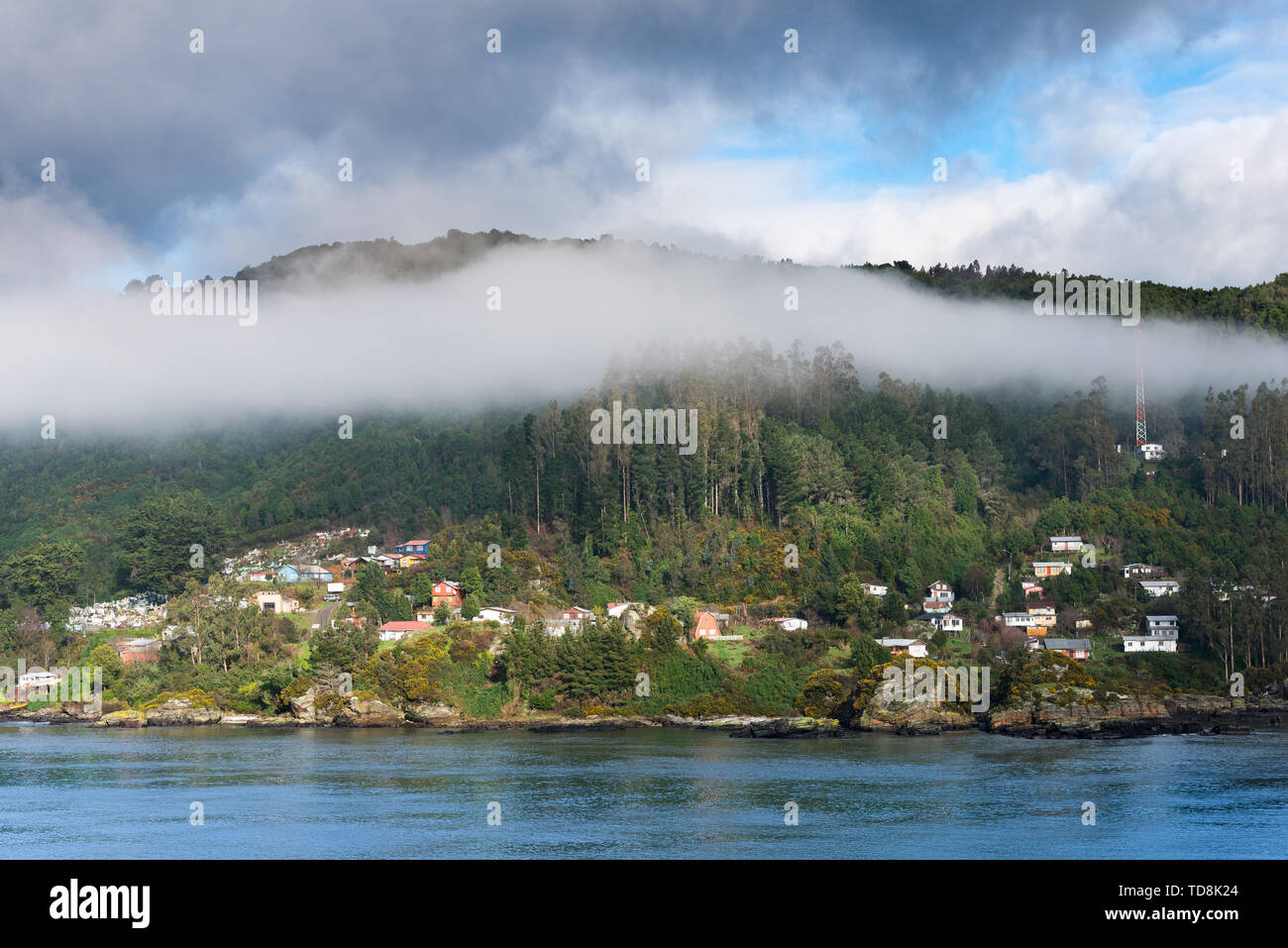 Vista del Corral, una piccola cittadina nella foce del fiume Valdivia, regione de los Rios, Cile Foto Stock