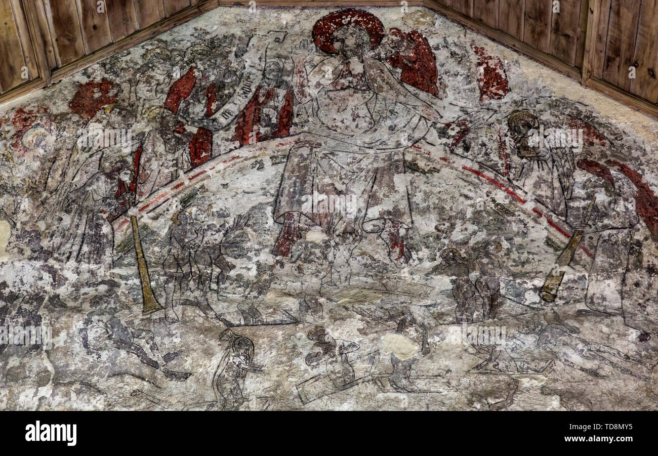 Doom medievale dipinto dell'ultimo giudizio Stanningfield chiesa, Suffolk, Inghilterra, Regno Unito Foto Stock
