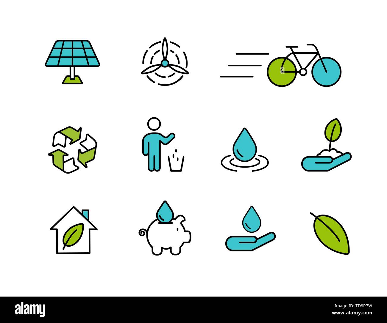 Concetto di ecologia icone in stile contorno per l'ambiente o la natura cura. Include il simbolo di riciclaggio, pannello solare, la bicicletta e altro ancora. Illustrazione Vettoriale