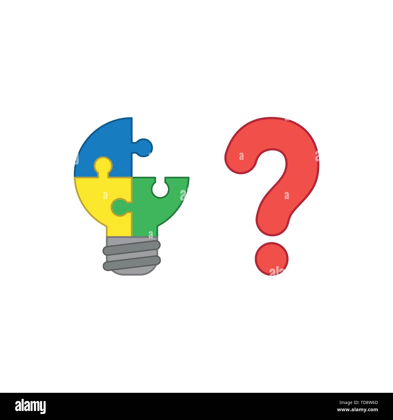 Icona vettore concetto di tre pezzi lampadina puzzle pezzo mancante con un punto interrogativo. Contorni colorati. Illustrazione Vettoriale