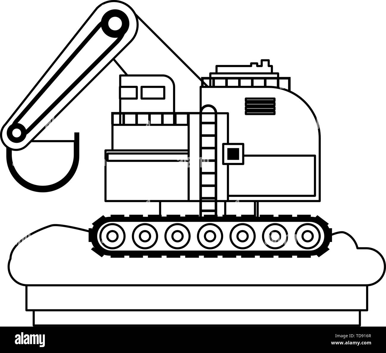 Tecnologie di costruzione macchinari veicolo veduta laterale isolata in bianco e nero Illustrazione Vettoriale