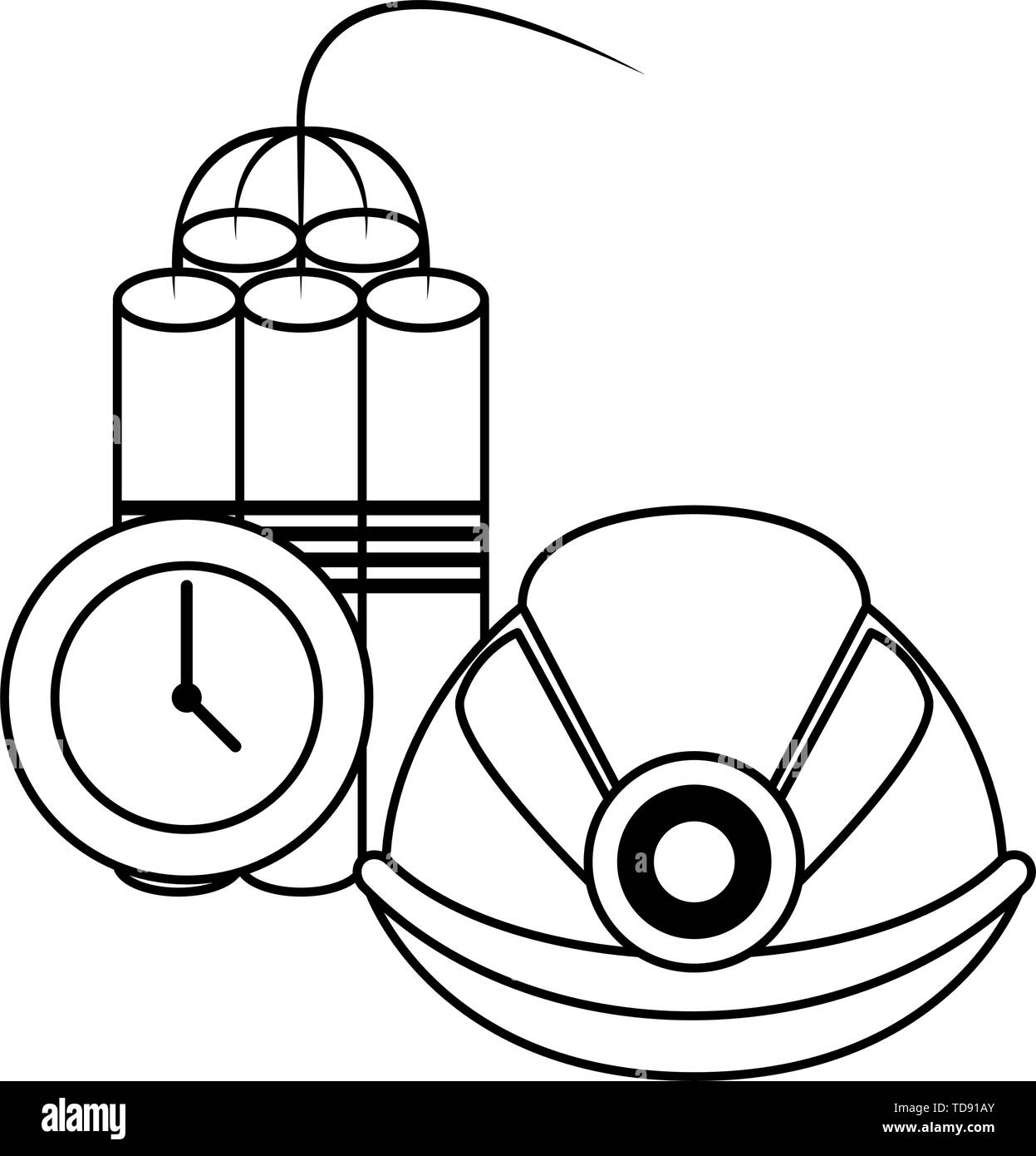 Mining tnt detonator con timer e casco in bianco e nero Illustrazione Vettoriale