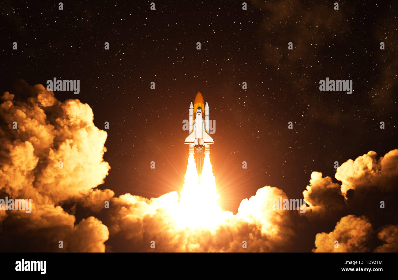 Notte il decollo della navetta spaziale americana. 3D'illustrazione. Foto Stock