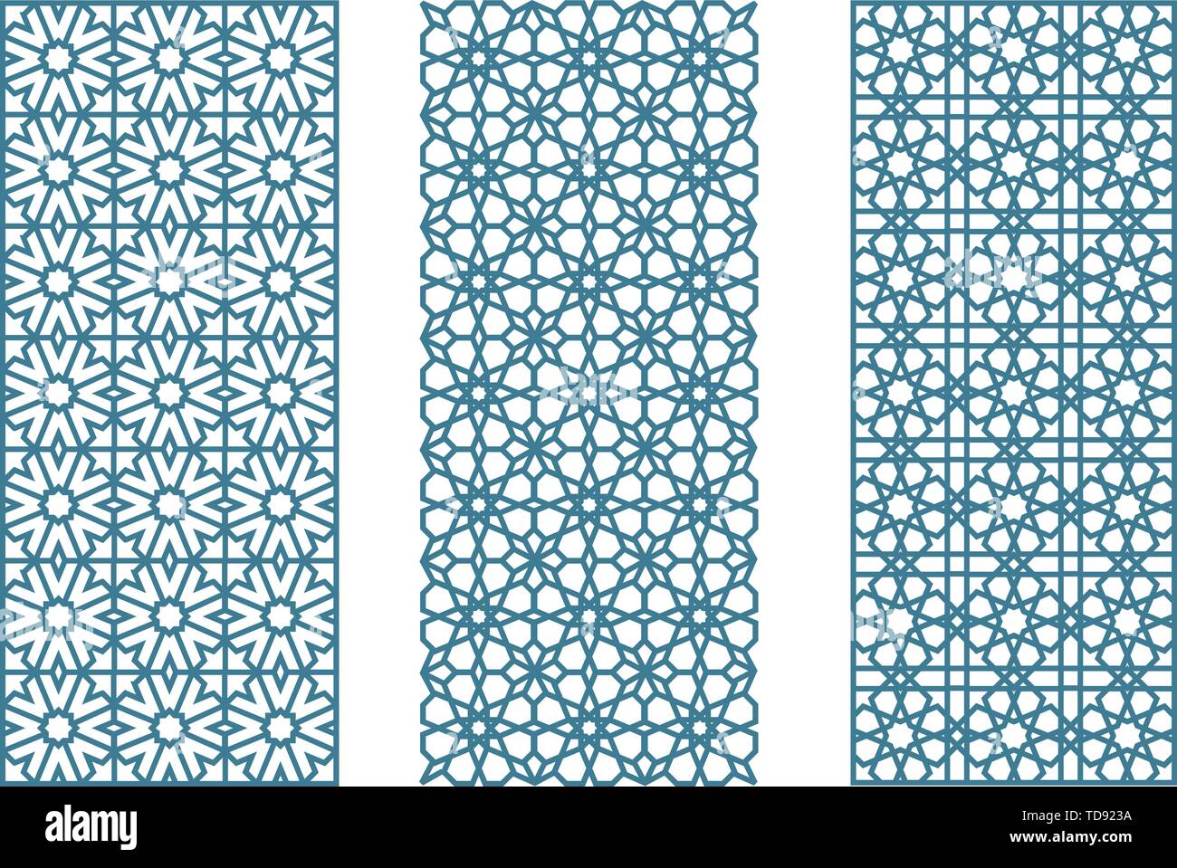 Illustrazione Vettoriale. Tre arabesque geometrica jaulosies senza giunture nella piana e pulita stile. Illustrazione Vettoriale