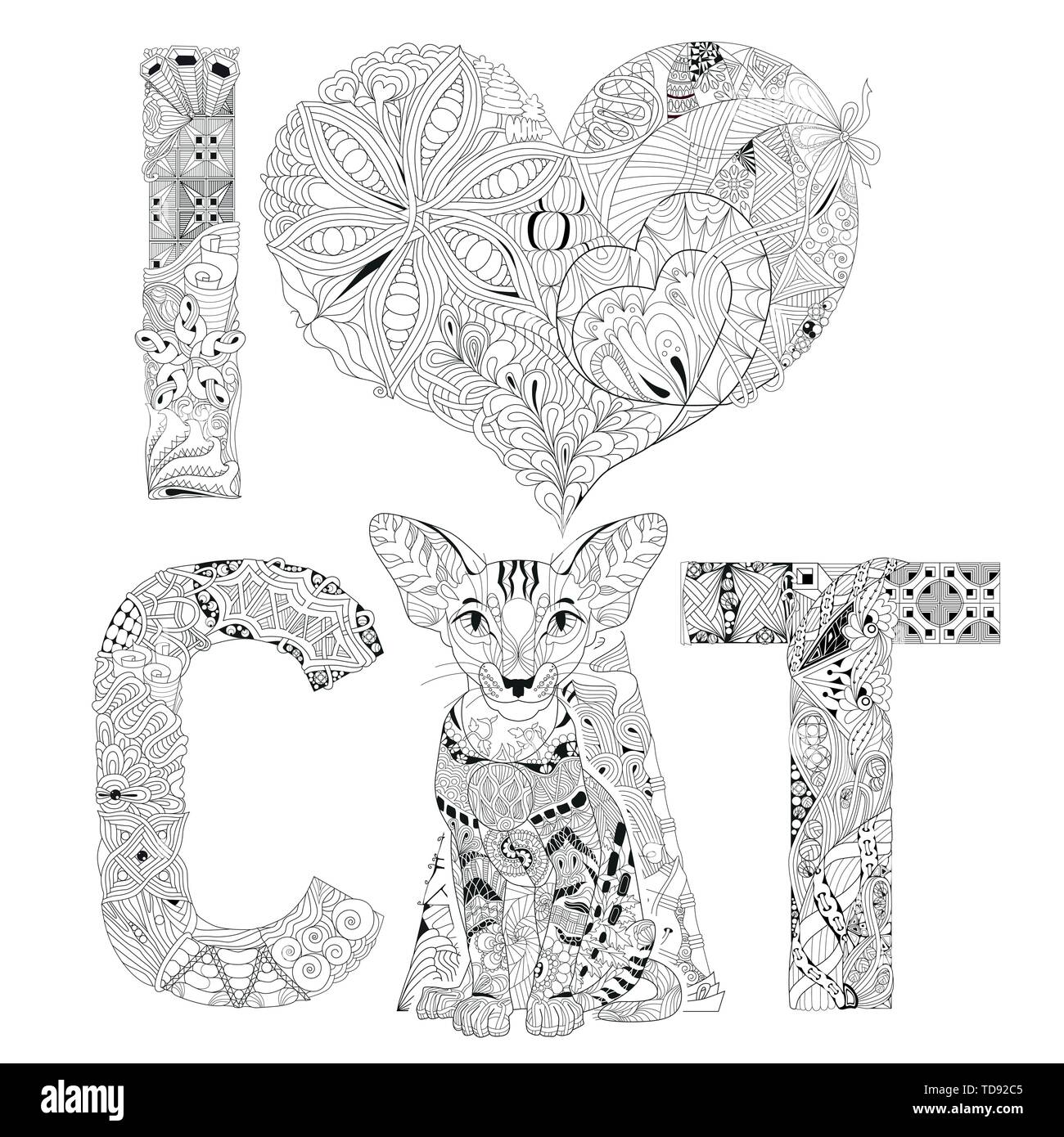 Parola del mio amore CAT per la colorazione. Vettore zentangle decorativo oggetto Illustrazione Vettoriale