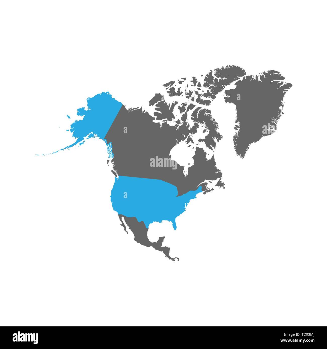 La mappa degli Stati Uniti è evidenziata in blu sulla mappa del Nord America Illustrazione Vettoriale