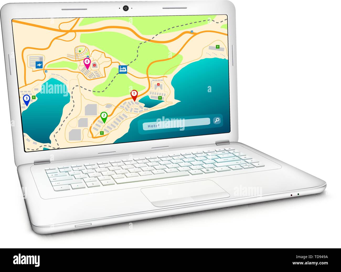 GPS Online mappa della città sul display di argento moderno computer notebook. Illustrazione Vettoriale, isolato su sfondo bianco Illustrazione Vettoriale