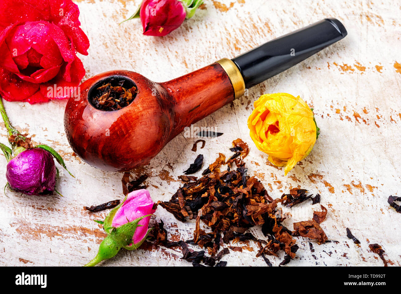 Tubo di tabacco e il tabacco da fumo con aroma di rose Foto Stock