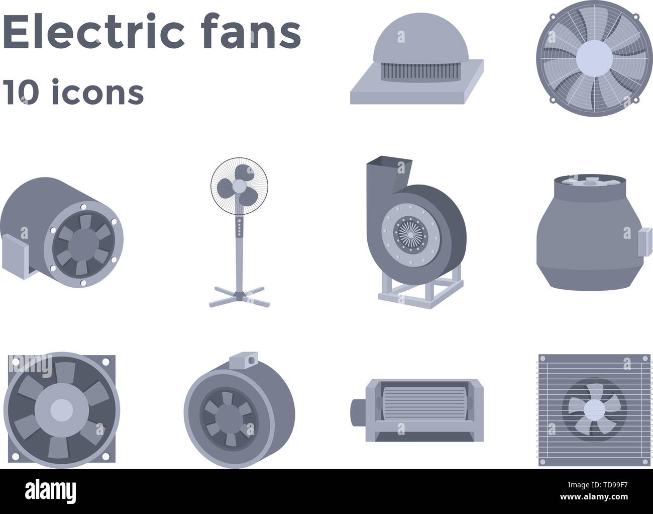 Ventilatori elettrici impostare le icone in stile appartamento, dispositivi di ventilazione illustrazione vettoriale Illustrazione Vettoriale