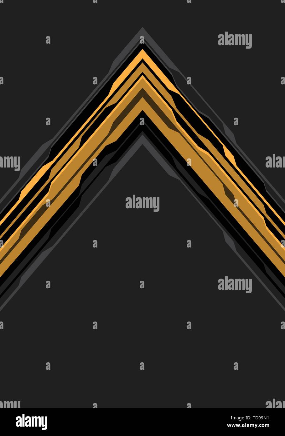 Abstract di nero giallo circuito freccia su grigio blank space design moderno la tecnologia avveniristica sfondo illustrazione vettoriale. Illustrazione Vettoriale