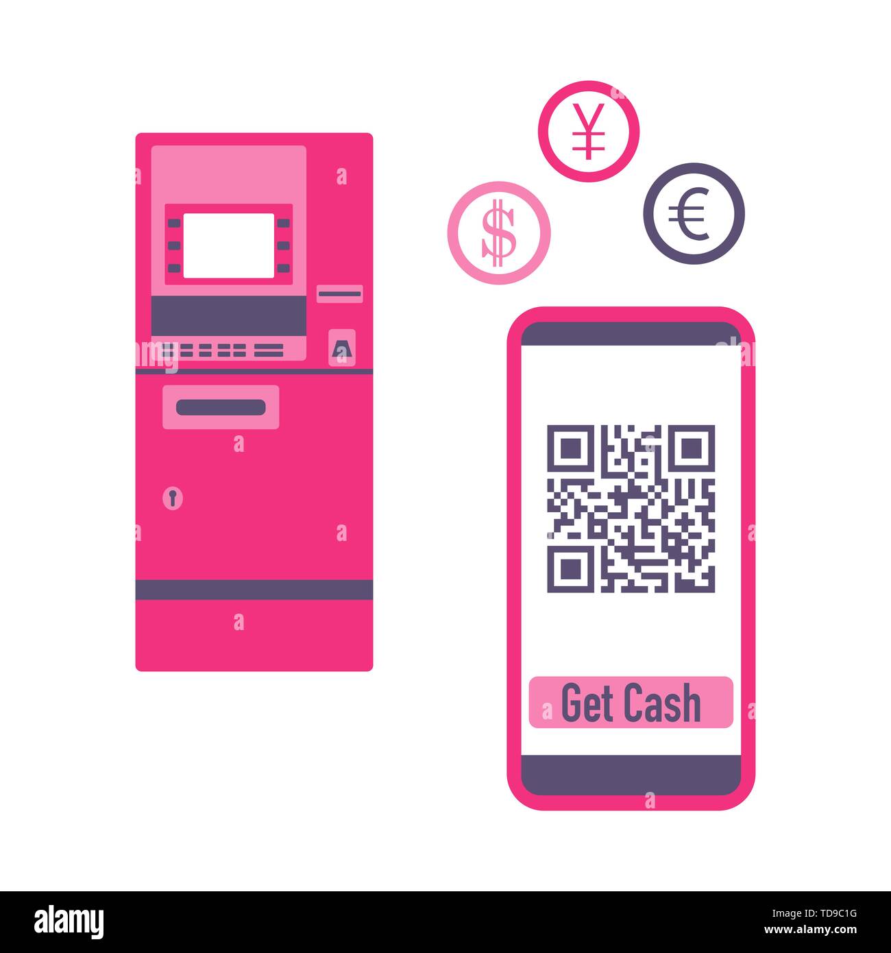 Illustrazione Vettoriale con telefono con il codice QR, prelievo ATM, cambio valuta presso ATM. Elettronico, la tecnologia digitale, il codice a barre. Progettazione per il web pa Illustrazione Vettoriale