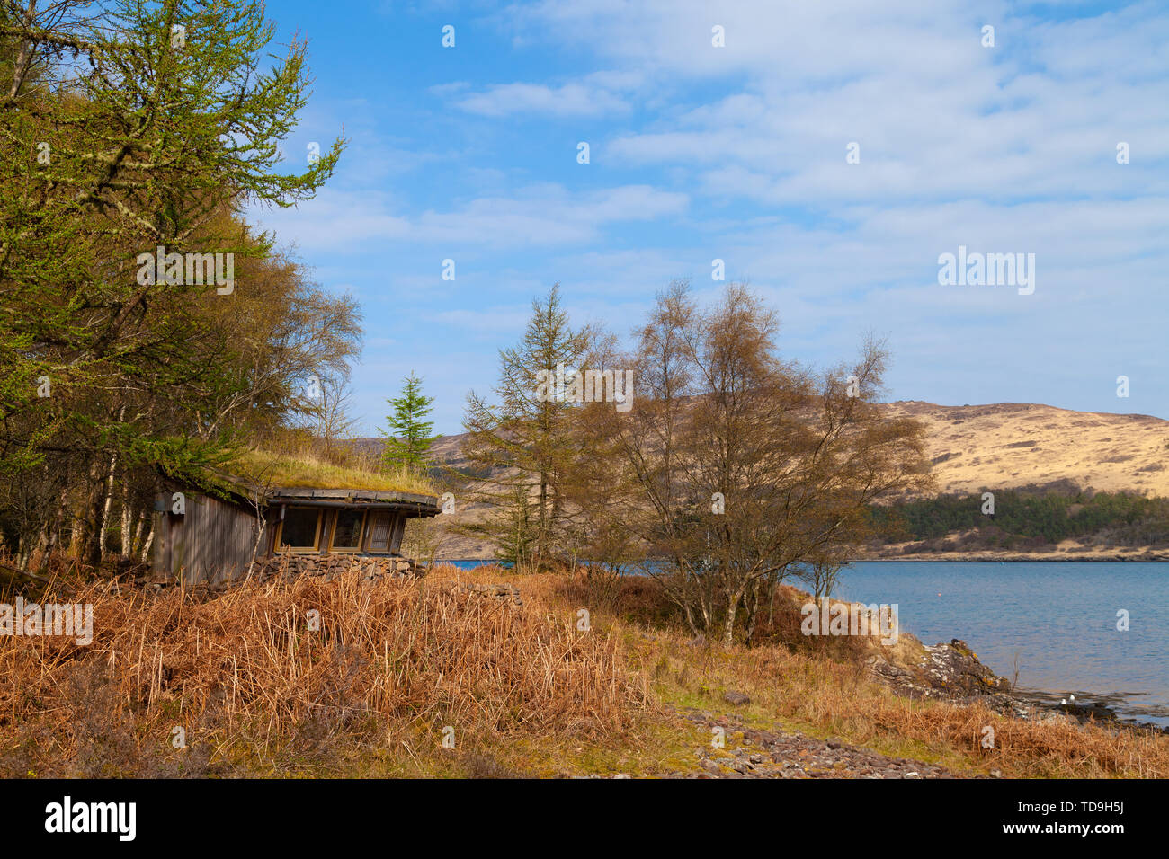 L'uccello nascondi guardando sopra Loch Scresort vicino a Kinloch, Isola di Rum, Scozia Foto Stock