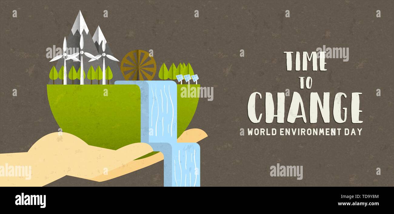 La Giornata Mondiale dell Ambiente banner per il concetto di ecologia. Mano che regge il pianeta terra con energia verde negli edifici. Illustrazione Vettoriale