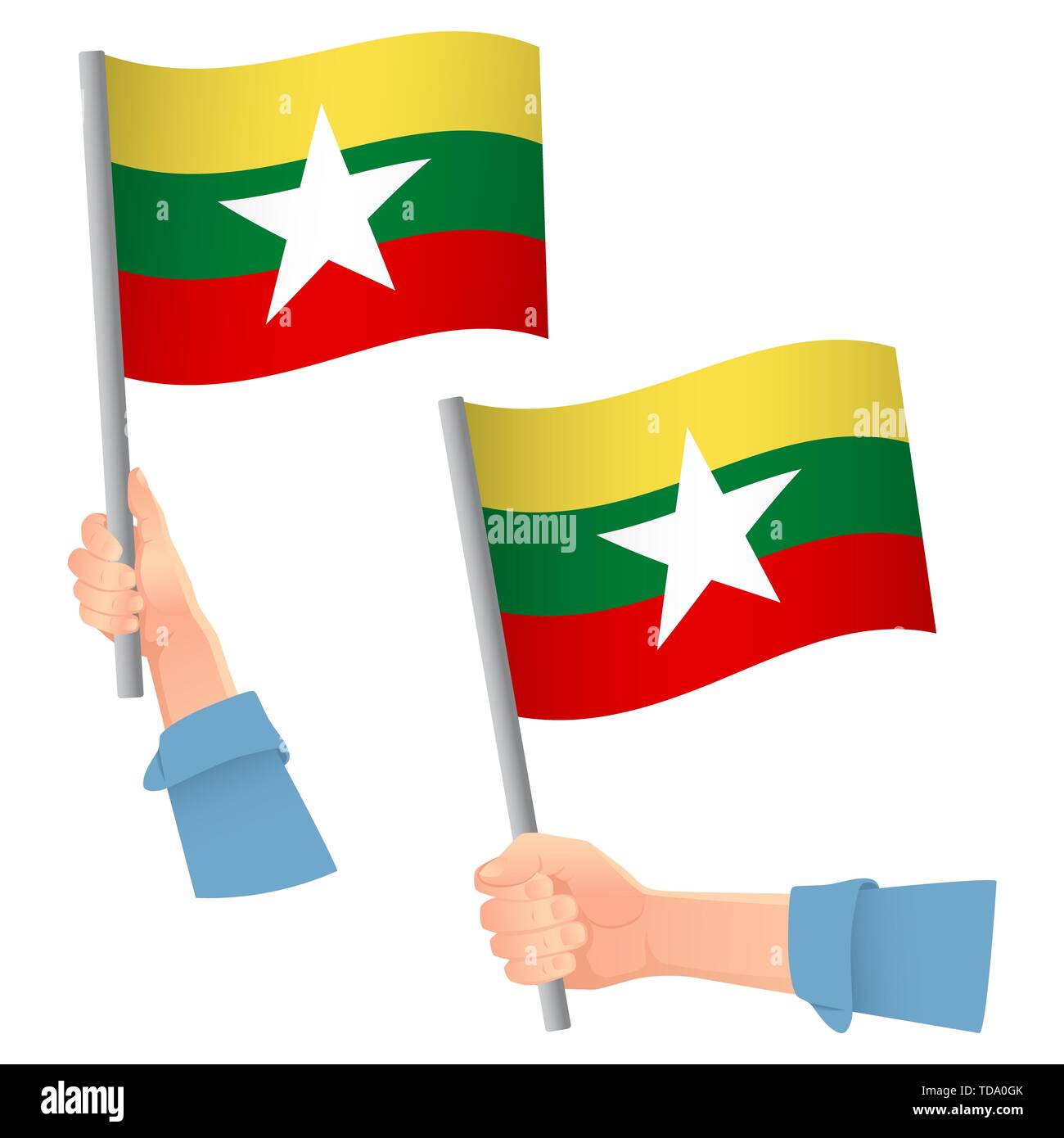 La Birmania bandiera in mano. Sfondo patriottico. Bandiera nazionale della Birmania illustrazione Foto Stock