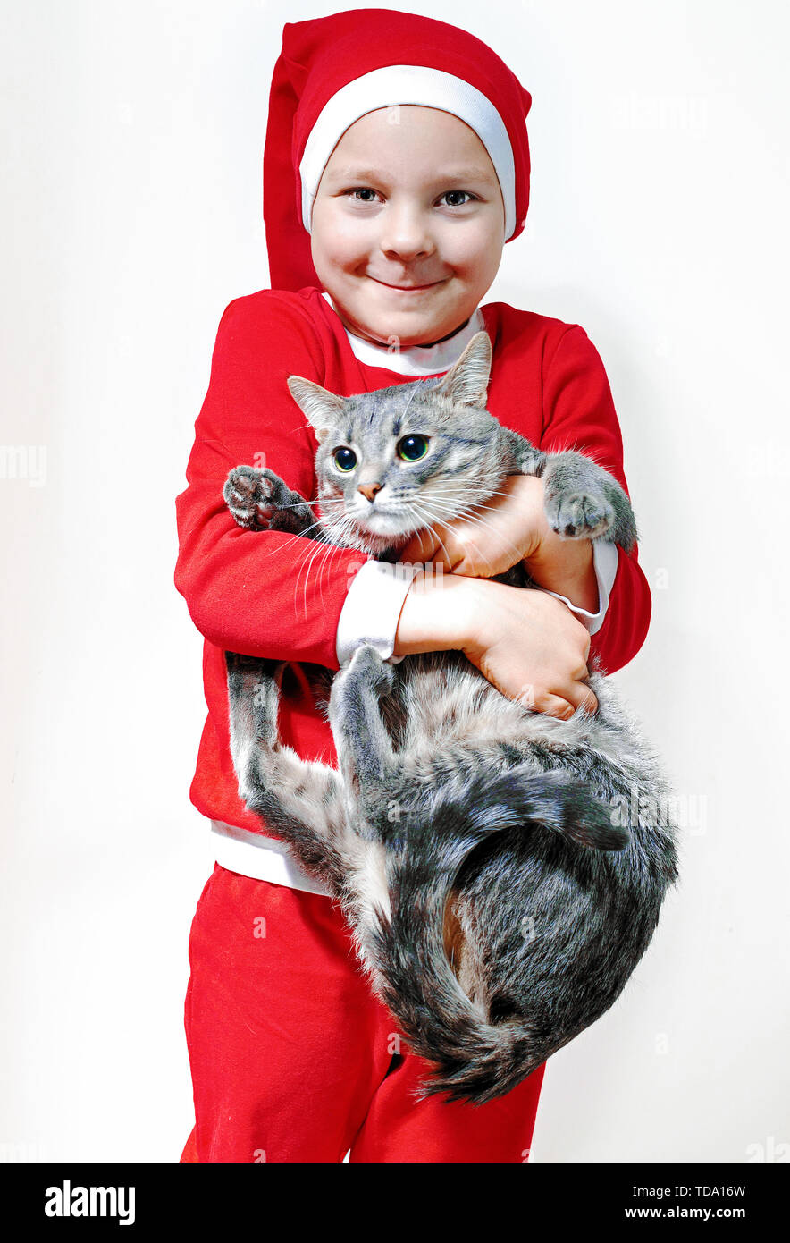 Little Boy vestiti da Babbo Natale, sorridente, in piedi su uno sfondo  bianco, tenendo un gatto nelle sue braccia Foto stock - Alamy