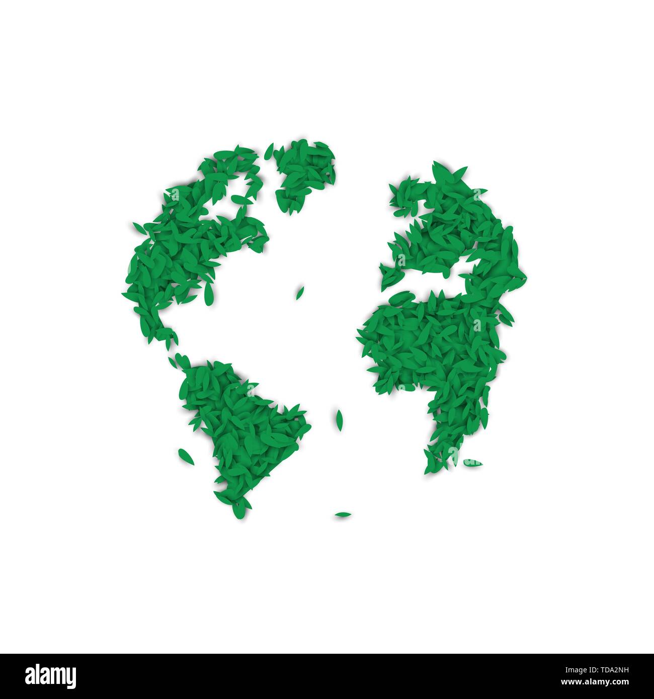 Mondo verde di mappa concettuale fatta di carattere realistico di foglie per la conservazione dell'ambiente. Include America, Europa e il continente africano. Illustrazione Vettoriale