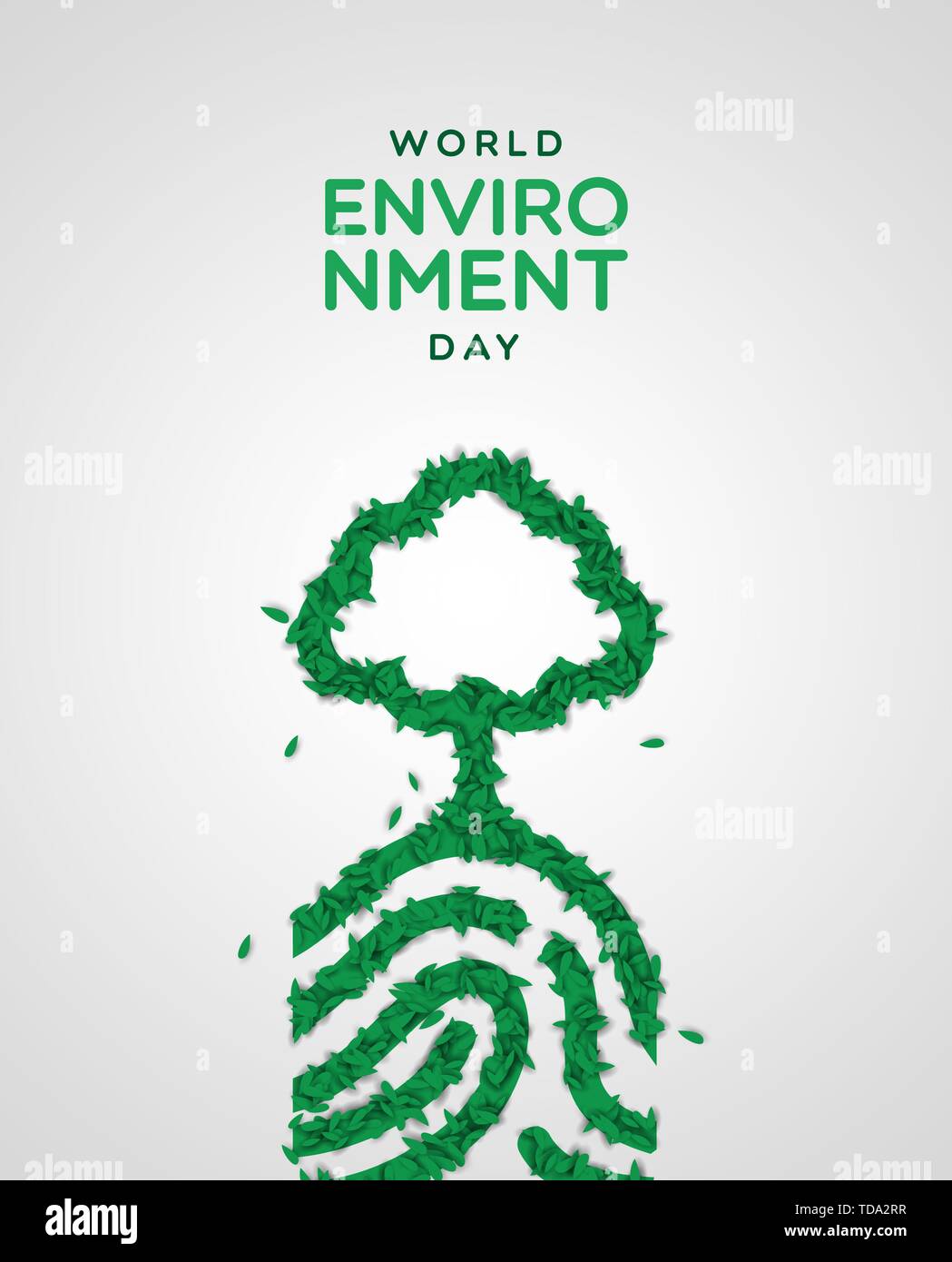 La Giornata Mondiale dell Ambiente greeting card illustrazione. Realistiche umano concetto di impronte digitali fatto di verde delle foglie di una pianta. Natura il concetto di cura per l'ecologia anche Illustrazione Vettoriale