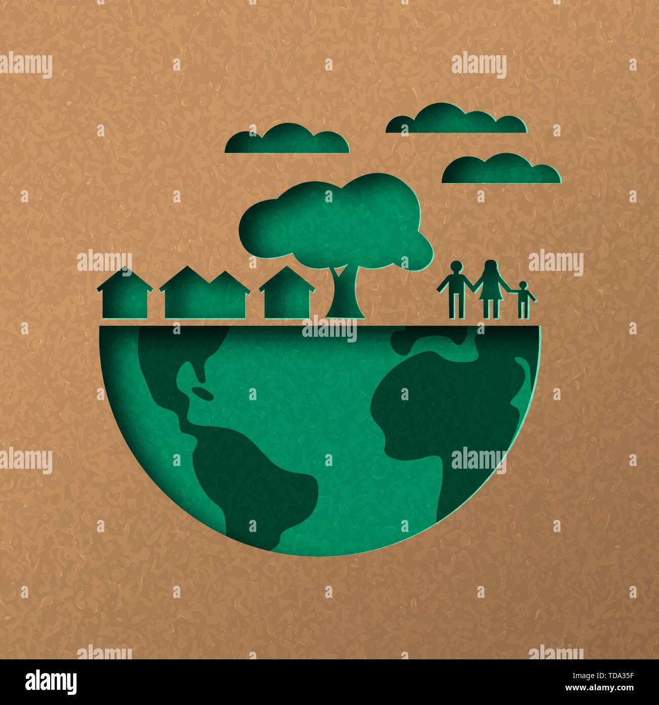 Papercut mappa Mondo illustrazione. Città verde e persone in carta riciclata per uno stile di vita sostenibile. Illustrazione Vettoriale