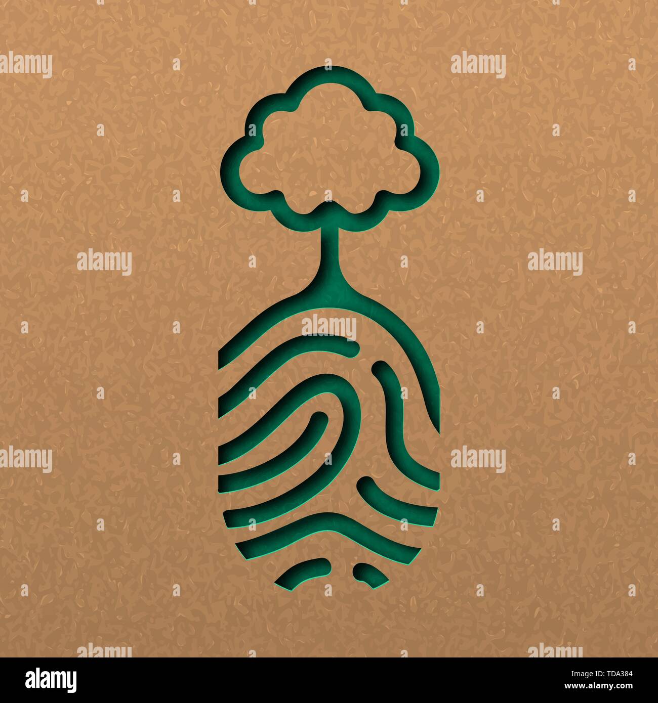 Papercut dito umano stampa con struttura ad albero. Impronta verde il concetto di esclusione in carta riciclata per la natura della connessione. Illustrazione Vettoriale