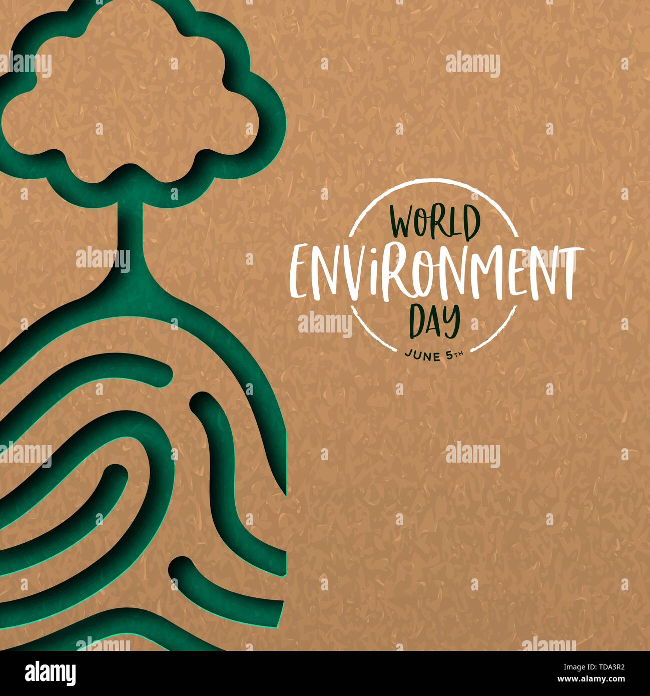La Giornata Mondiale dell Ambiente illustrazione di papercut dito umano stampa con struttura ad albero. Carta riciclata di sagoma per la conservazione del pianeta. Illustrazione Vettoriale