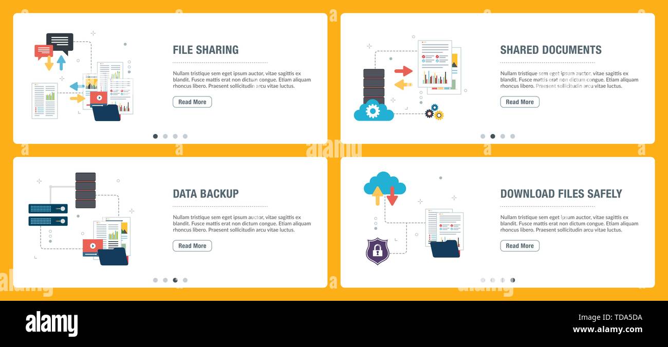 Set di Banner con icone per internet su siti web o modelli di app con la condivisione di file, documenti condivisi, backup di dati e di scaricare file in modo sicuro. La tecnologia Illustrazione Vettoriale