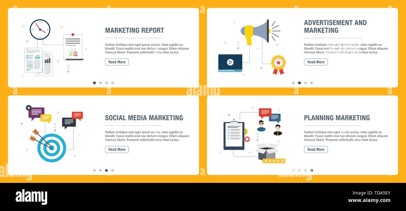 Set di Banner con icone per internet su siti web o app con i modelli di report di marketing, pubblicità e il marketing, il social media marketing, pianificazione m Illustrazione Vettoriale
