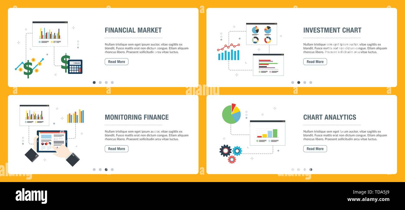 Banner Web concetto nel vettore con il mercato finanziario, gli investimenti grafico, il controllo delle finanze e chart analytics. Il sito internet di concetto di banner con ic Illustrazione Vettoriale