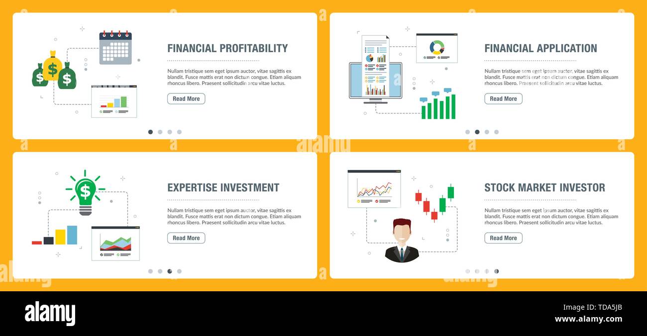 Banner Web concetto nel vettore con redditività finanziaria, applicazione finanziaria, di competenze e di investimento del mercato azionario investitore. Il sito internet di ba Illustrazione Vettoriale