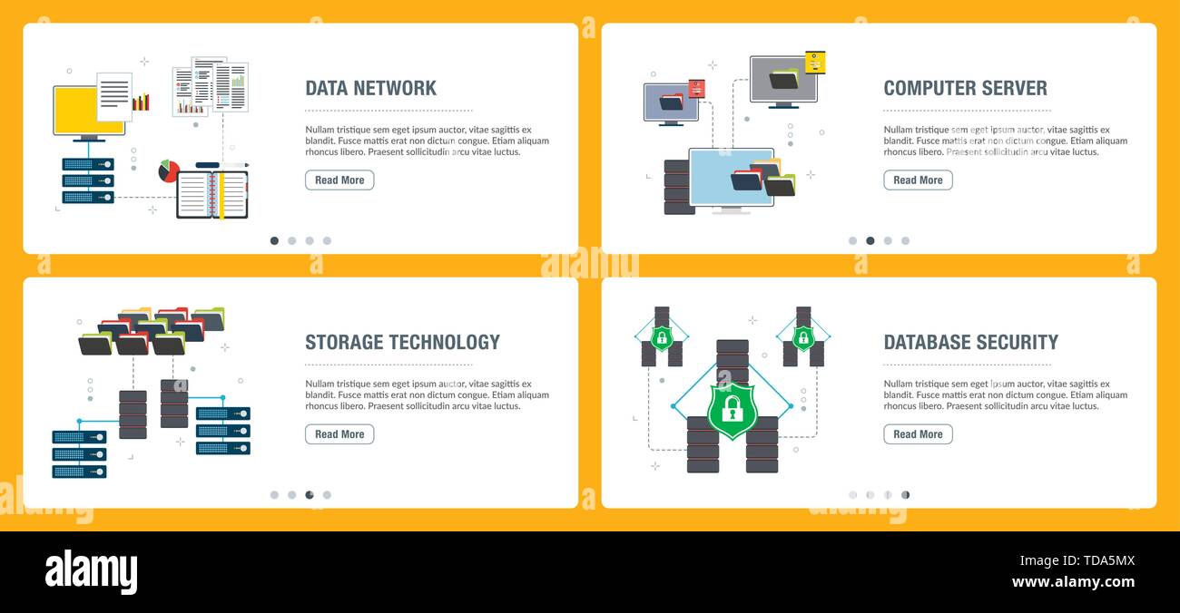 Set di vettore verticale di banner per il web con una rete di dati, computer server, la tecnologia di storage e protezione dei database. Vector modello di pagina di intestazione per un sito web Illustrazione Vettoriale