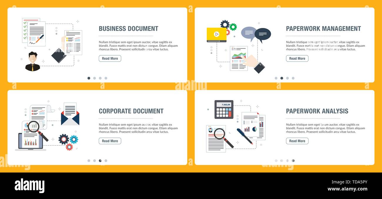 Set di vettore di verticale banner web con documento aziendale, gestione dei documenti, documento aziendale, analisi della documentazione. Vector modello di pagina di intestazione per noi Illustrazione Vettoriale