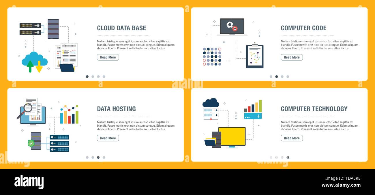 Set di vettore verticale di banner per il web con il cloud base dati, codice di computer, l'hosting dei dati e la tecnologia del computer. Vettore modello di banner per il sito web e m Illustrazione Vettoriale