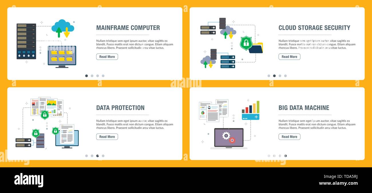 Set di vettore di verticale banner web con computer mainframe, cloud storage Security, protezione dei dati, la grande macchina dei dati. Vettore modello di banner per il web Illustrazione Vettoriale