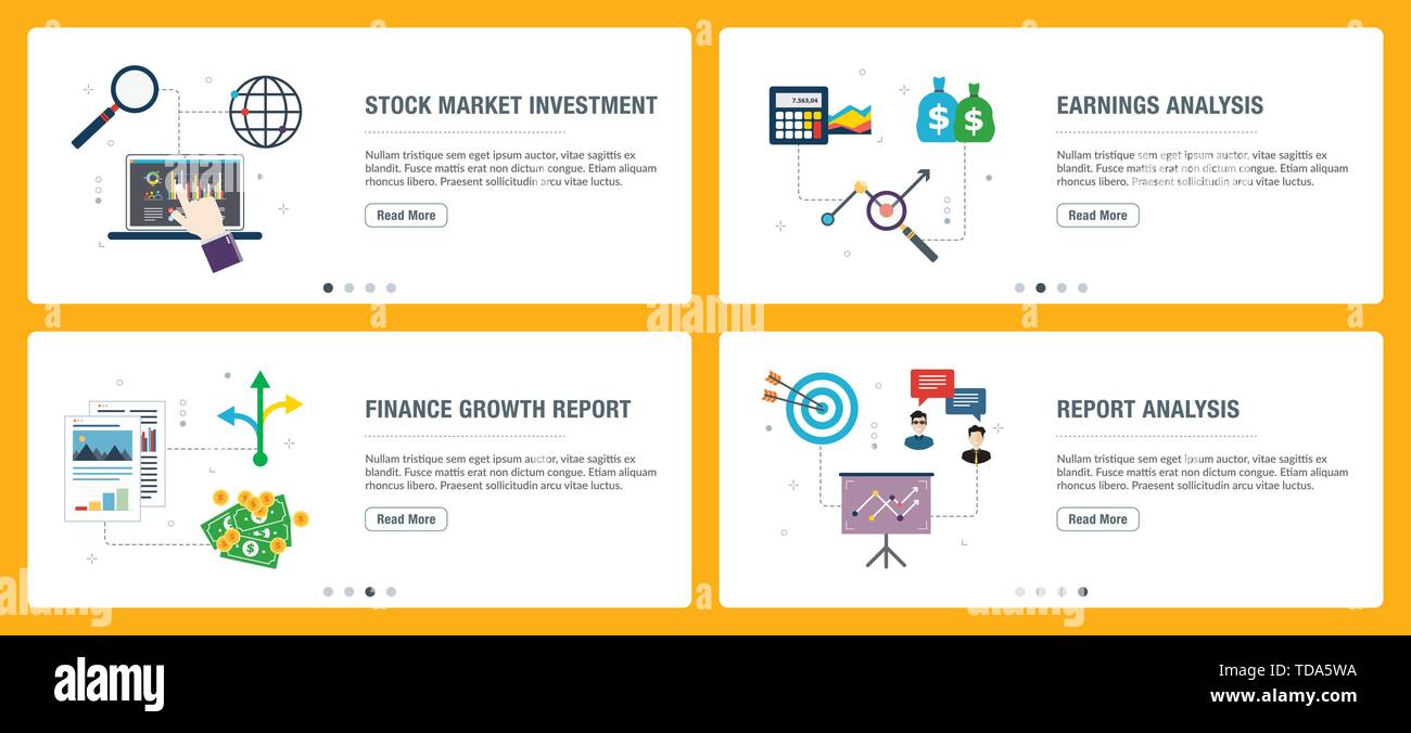 Set di vettore verticale di banner per il web con il mercato azionario Investimenti, guadagni analisi, finanziare la crescita, report di analisi. Vettore modello di banner per il sito Illustrazione Vettoriale