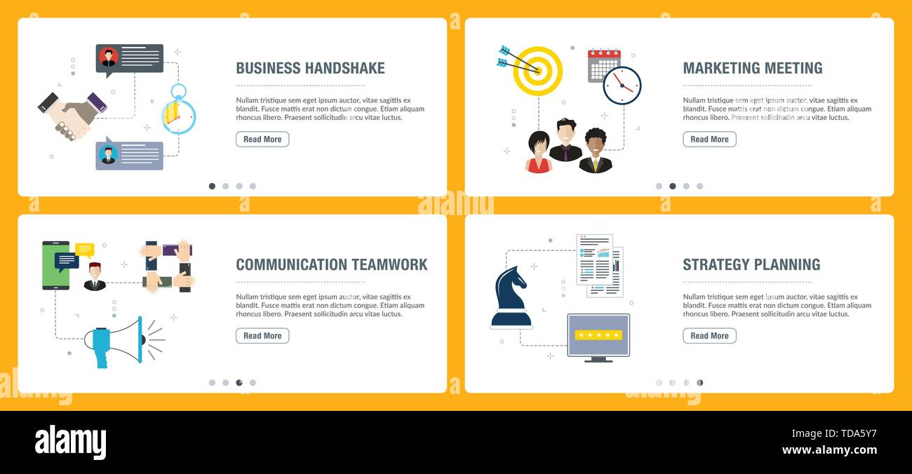 Set di vettore di verticale banner web con business handshake, incontro di marketing, comunicazione il lavoro di squadra e la strategia. Vettore modello di banner per il sito web Illustrazione Vettoriale