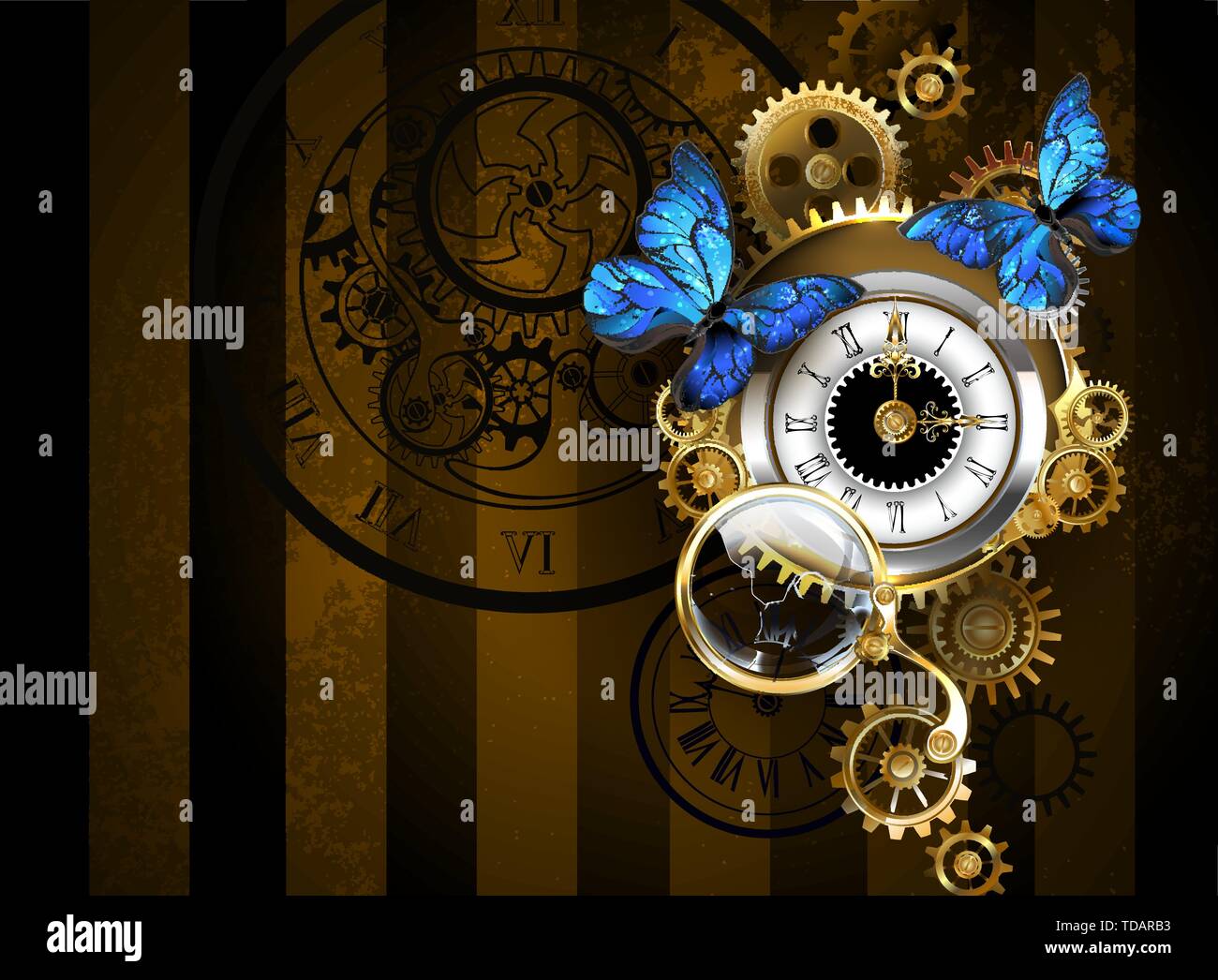 Argento orologi antichi, decorate con gioielli, orologio in oro mani e nero  numeri di Latina con seduta farfalle blu marrone su sfondo a strisce  Immagine e Vettoriale - Alamy