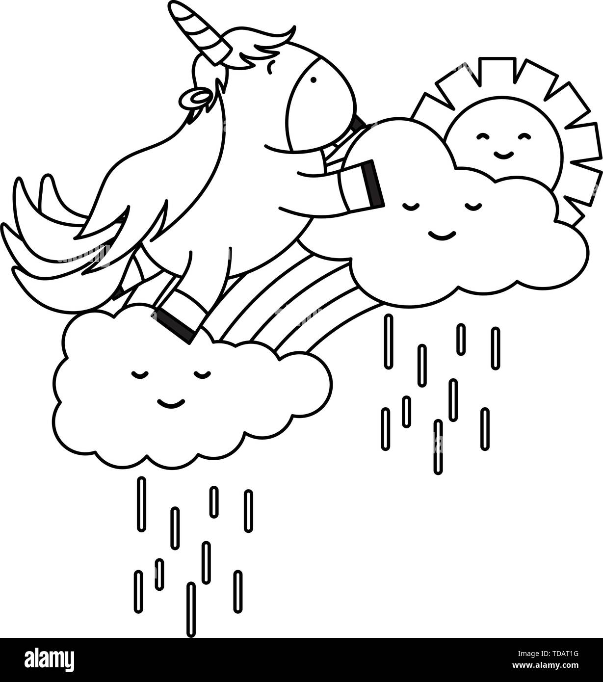 Carino unicorns in arcobaleno con nuvole e sole kawaii caratteri illustrazione vettoriale Illustrazione Vettoriale